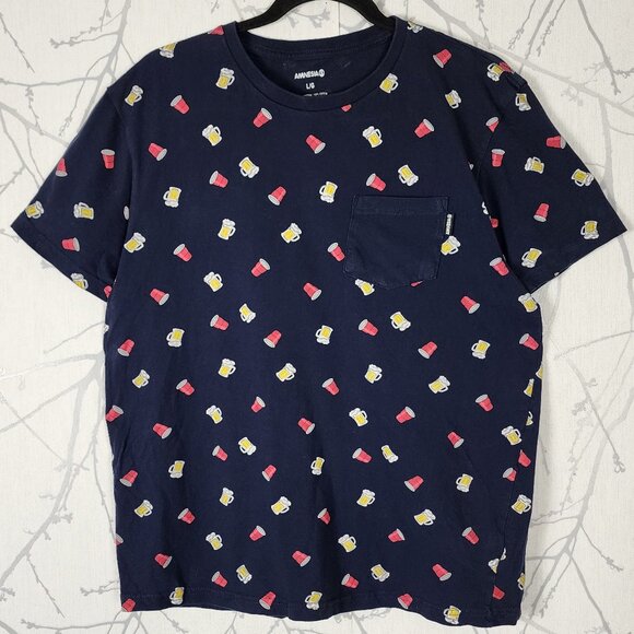 Amnesia Navy Beer Mugs Drinks Print Cotton Crewneck T-Shirt - Picture 2 of 4